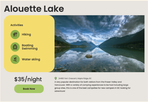 Campsite detail card for Alouette Lake showing activities list with icons, price per night, and a Book Now button against a nature photo background.