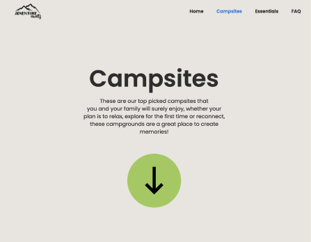 Campsites page header with large serif heading, descriptive subtitle, and a green down-arrow scroll prompt on a light background.