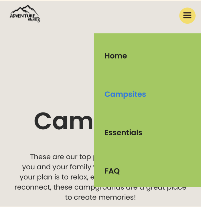Mobile view with hamburger menu open, showing a green overlay panel with navigation links - Home, Campsites highlighted in blue, Essentials, and FAQ.