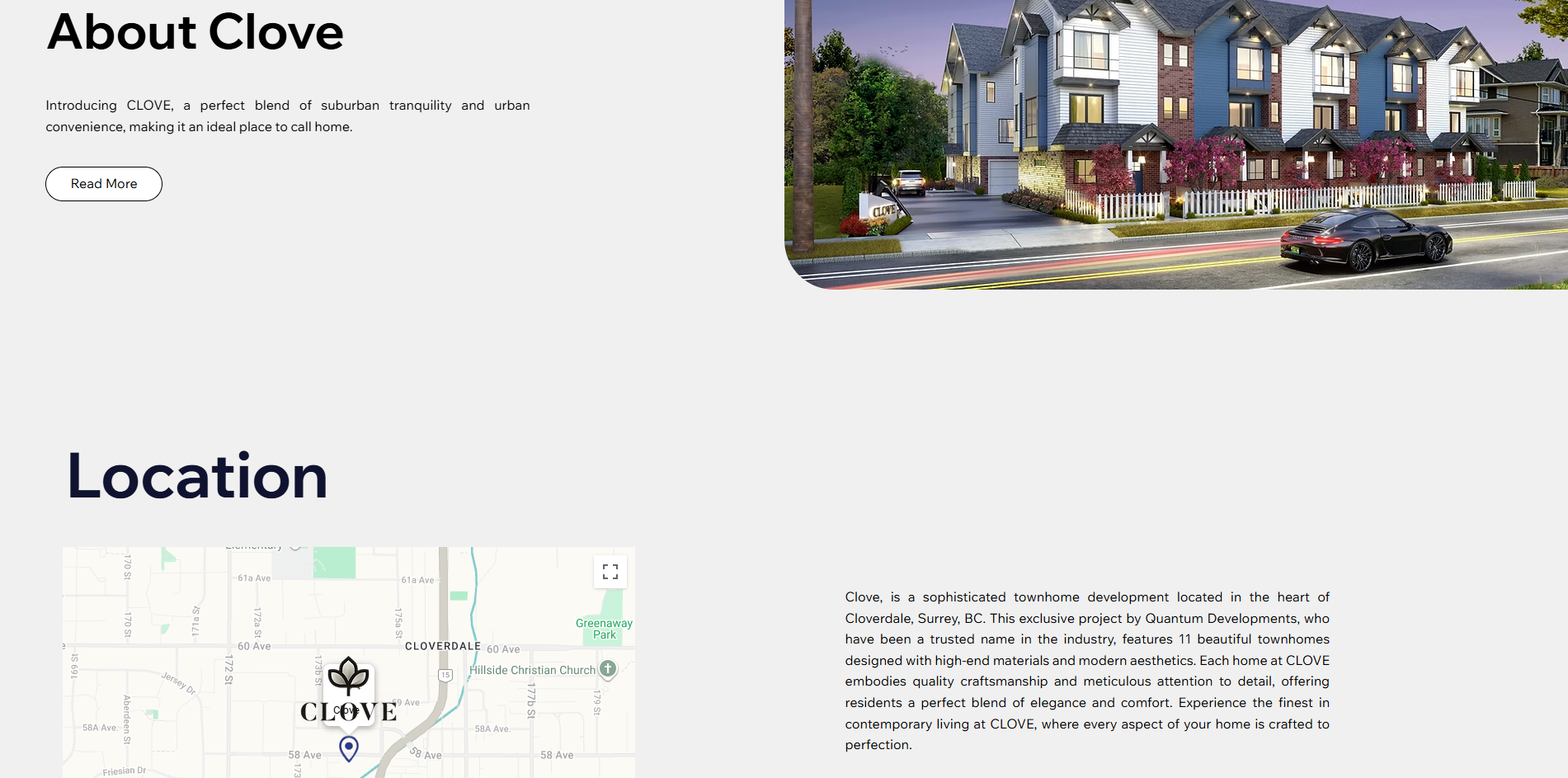 About Clove section showing townhome exterior render alongside introductory copy, and a Location section with an embedded map and development description.
