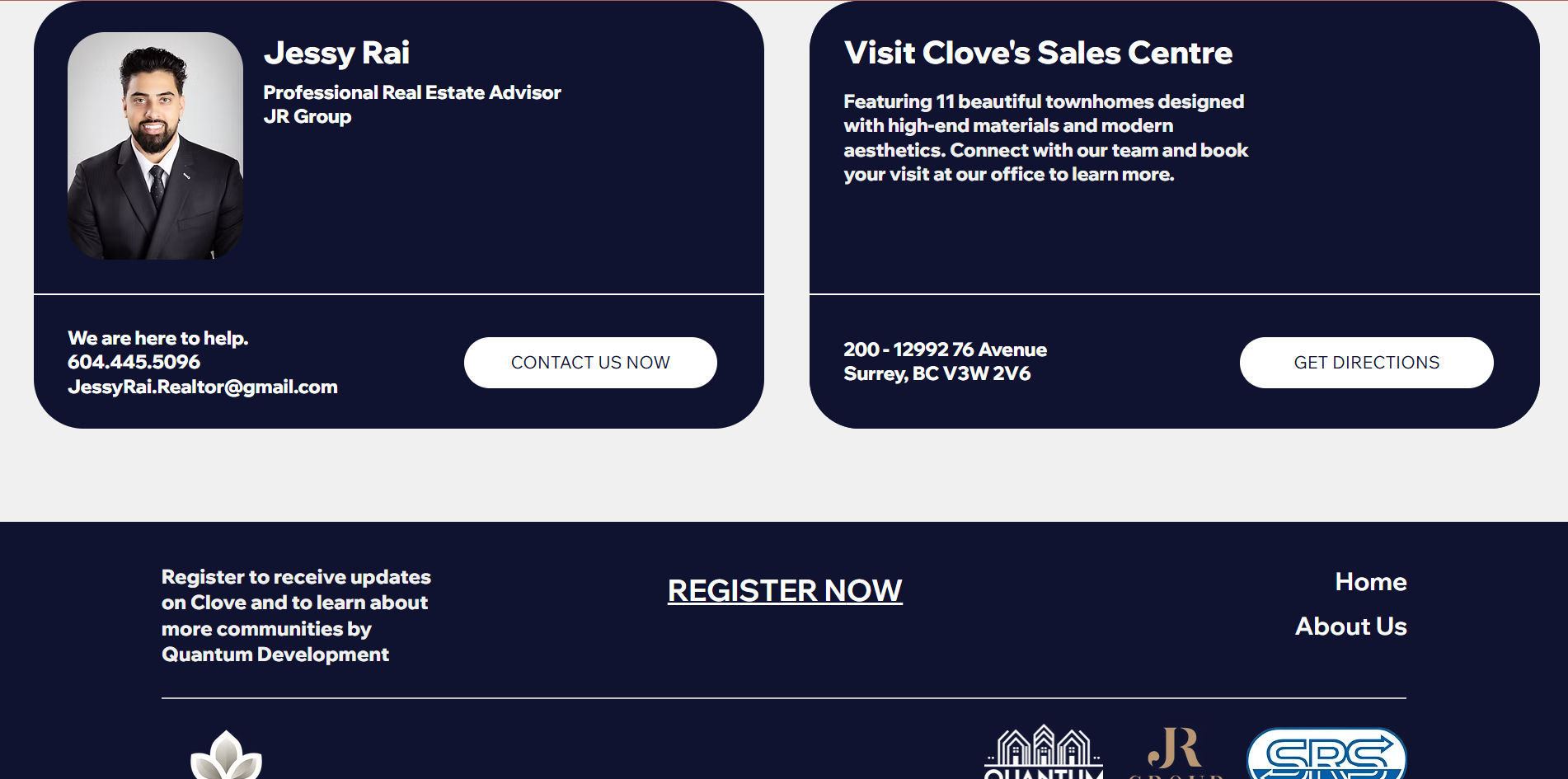 Footer section showing the real estate advisor's photo and contact details, a Visit Clove's Sales Centre card with address and directions link, and a registration call-to-action.