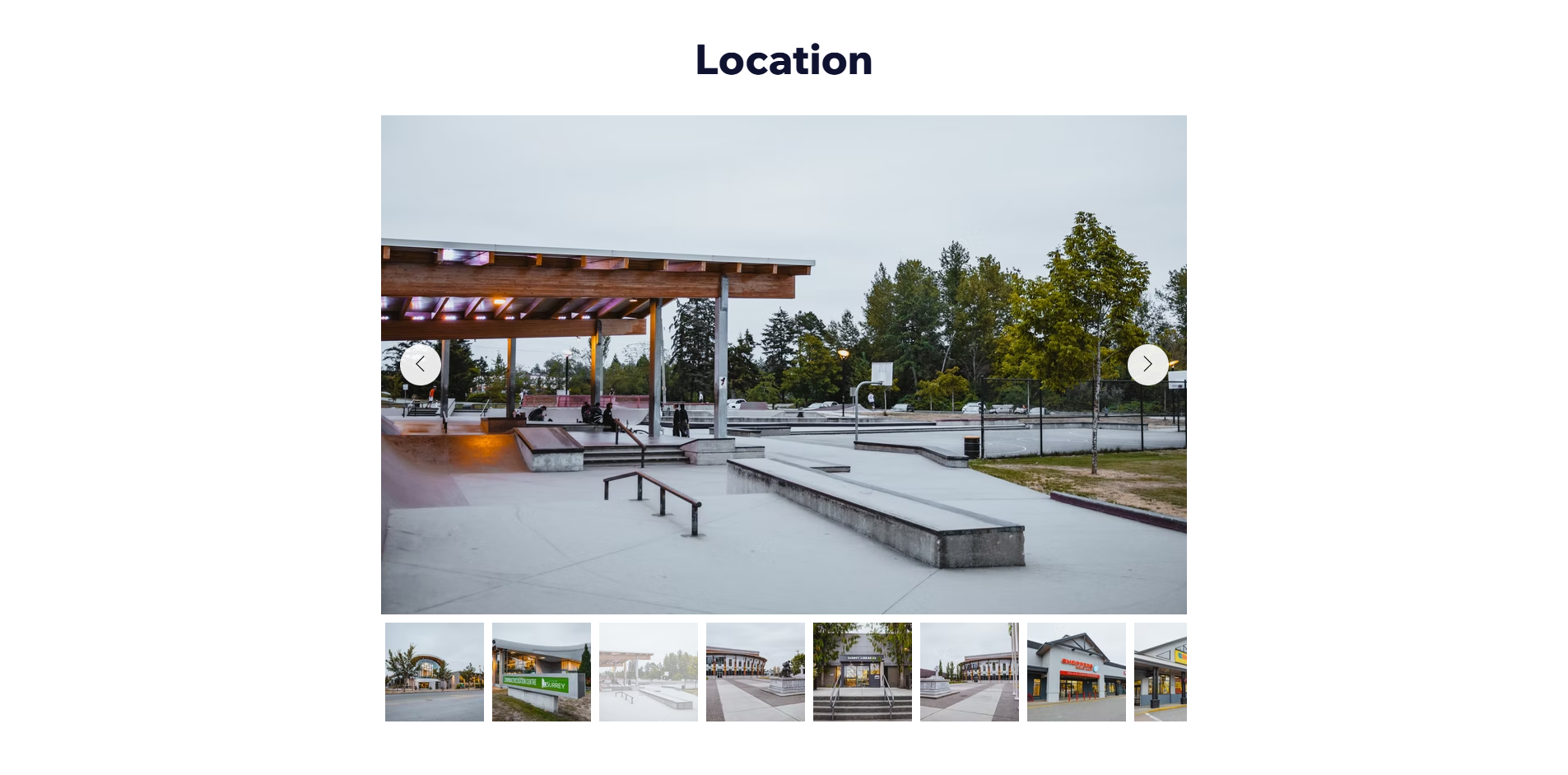 Location gallery carousel showing neighbourhood landmarks including a covered skate park and local retail centres, with thumbnail navigation below.