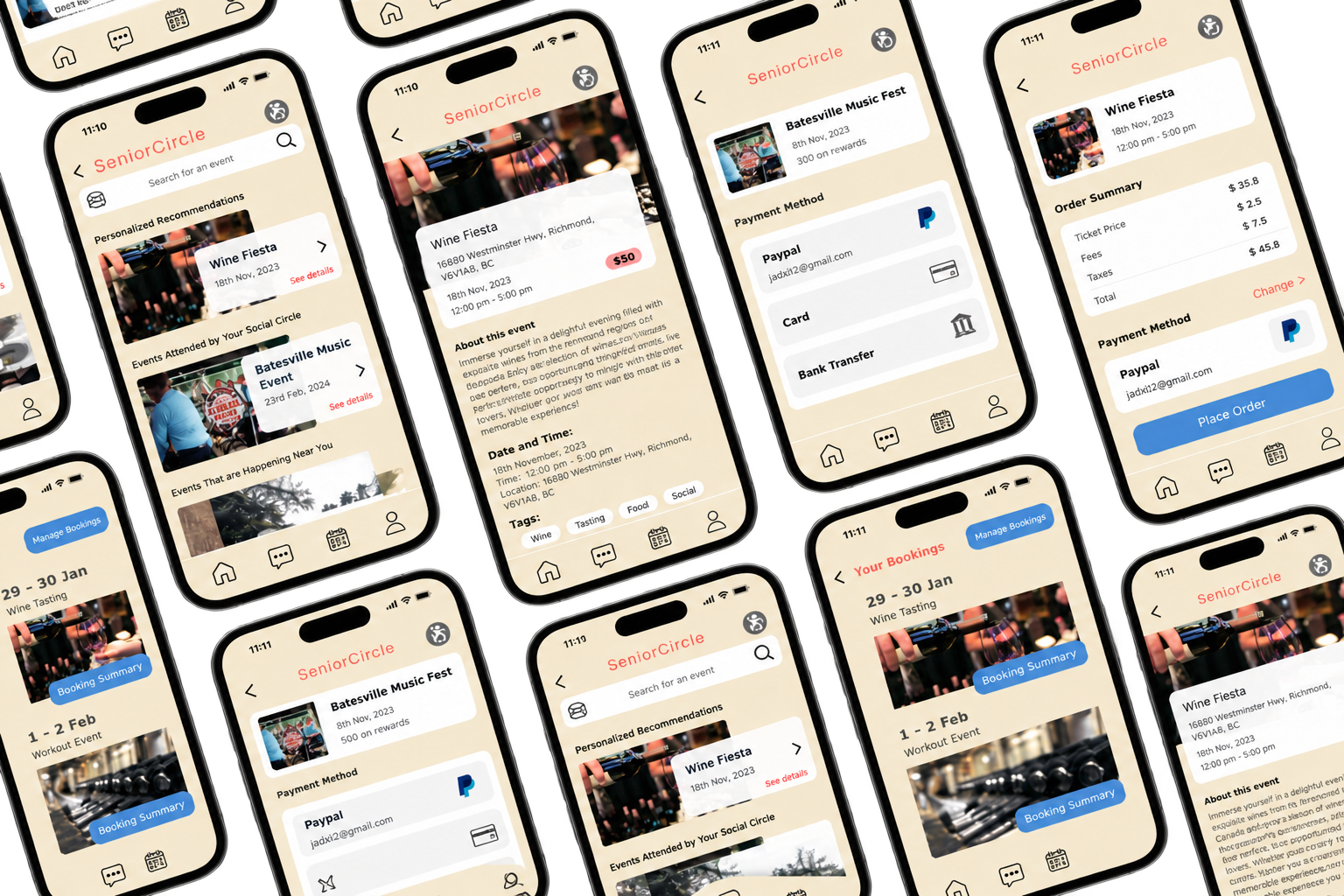 Tilted mosaic of SeniorCircle app screens showing the full user experience — onboarding, home feed, event details, bookings, and profile.
