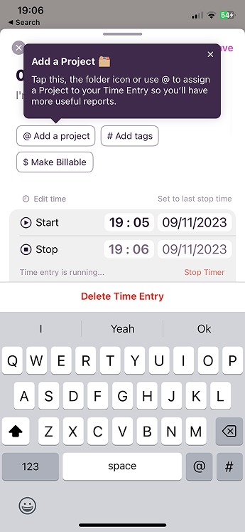 Toggl Track add entry screen showing options to add a project, add tags, make billable, and edit start and stop times with a running timer indicator.
