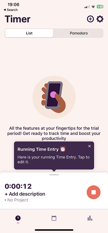 Toggl Track timer screen showing a running time entry at 0:00:12 with an Add description field, No Project label, and a red stop button.