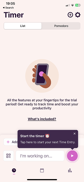 Toggl Track timer screen showing empty state with List and Pomodoro tabs, an I'm working on input field, and a pink play button to start tracking time.